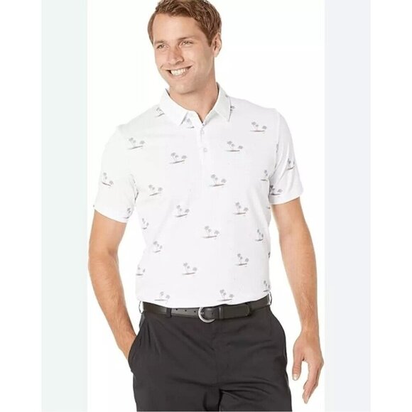 Travis Mathew Rally Time White Palm Tree Print Golf Polo Shirt Mens Size Small - Picture 1 of 8